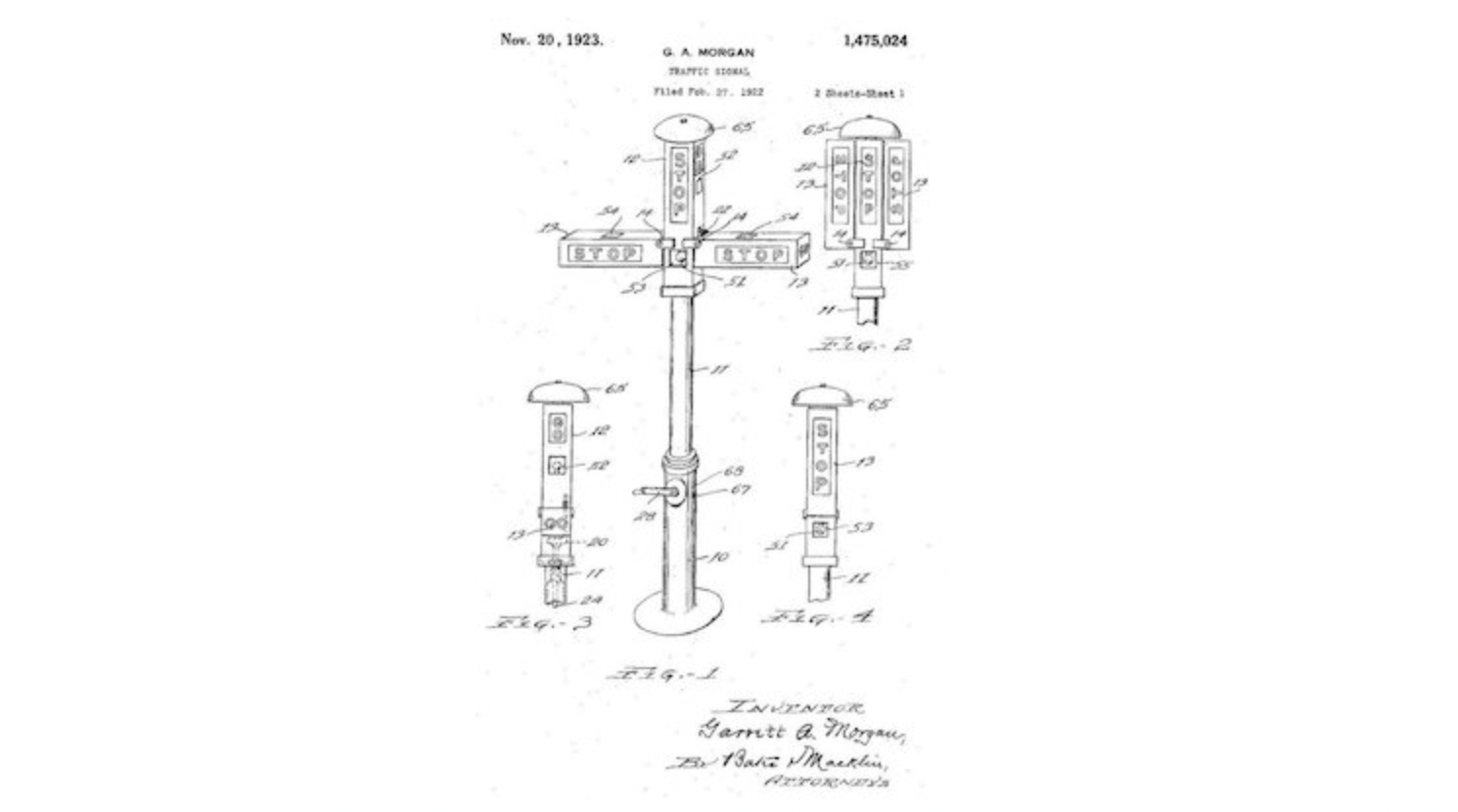 Patent drawing for Garrett A. Morgan's traffic signal