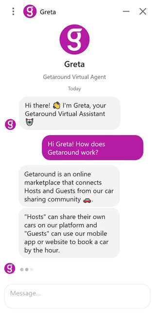 Chat dialog with Greta, Getaround’s virtual support assistant.
