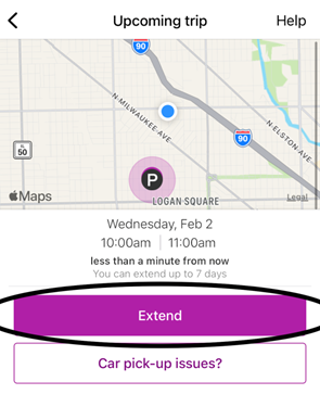 Screenshot of the Getaround app displaying the button used to extend a trip.